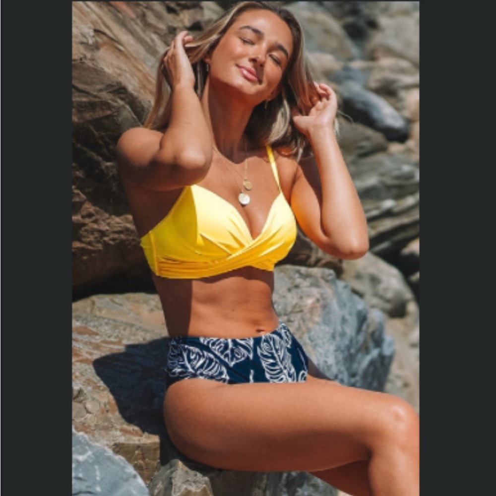 NWT: Yellow Twist-Front and Palm Print High Waisted Bikini